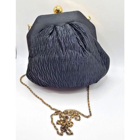 Shals Vintage Black Peau de Soie Clutch Pleated Evening Bag w Chain Strap - Picture 2 of 8